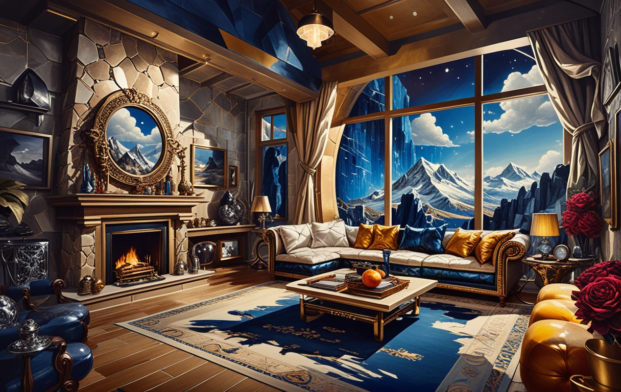 Interior estilizado de dois andares com vista para montanhas escuras