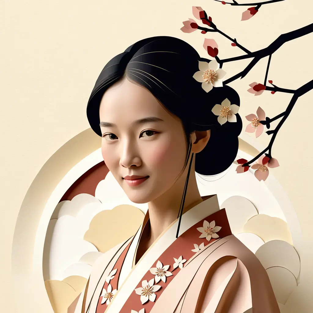 Elegant paper cut portrait of hopeful asian woman