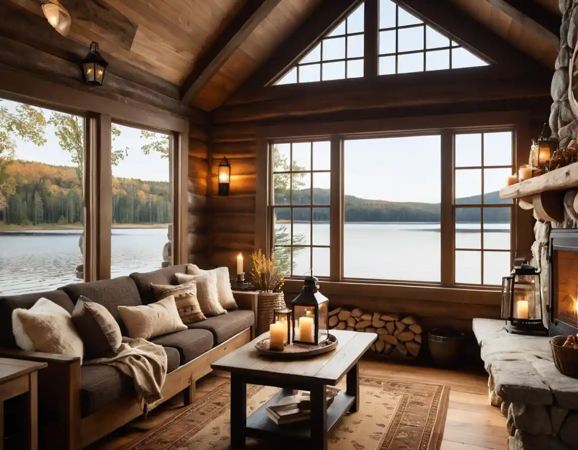 Rustic cabin living room with fireplace and lake view