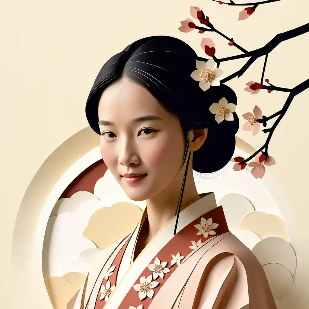 Elegant paper cut portrait of hopeful asian woman