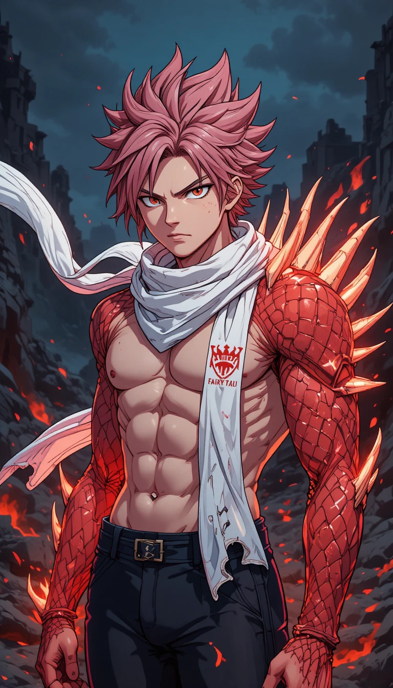 Herói de anime com braço de dragão em ermo rochoso sombrio
