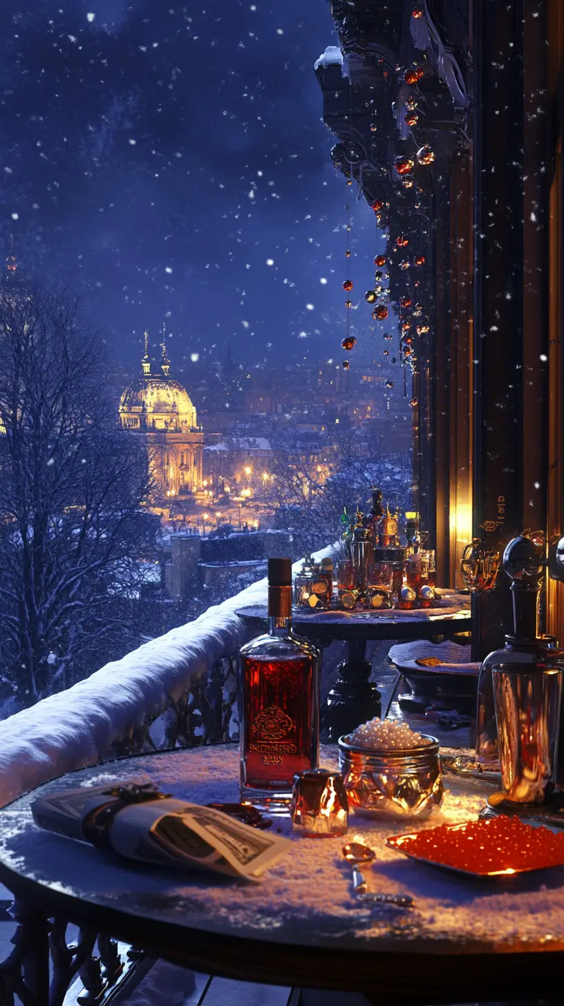 Table de fête sur rooftop en janvier avec caviar et boissons