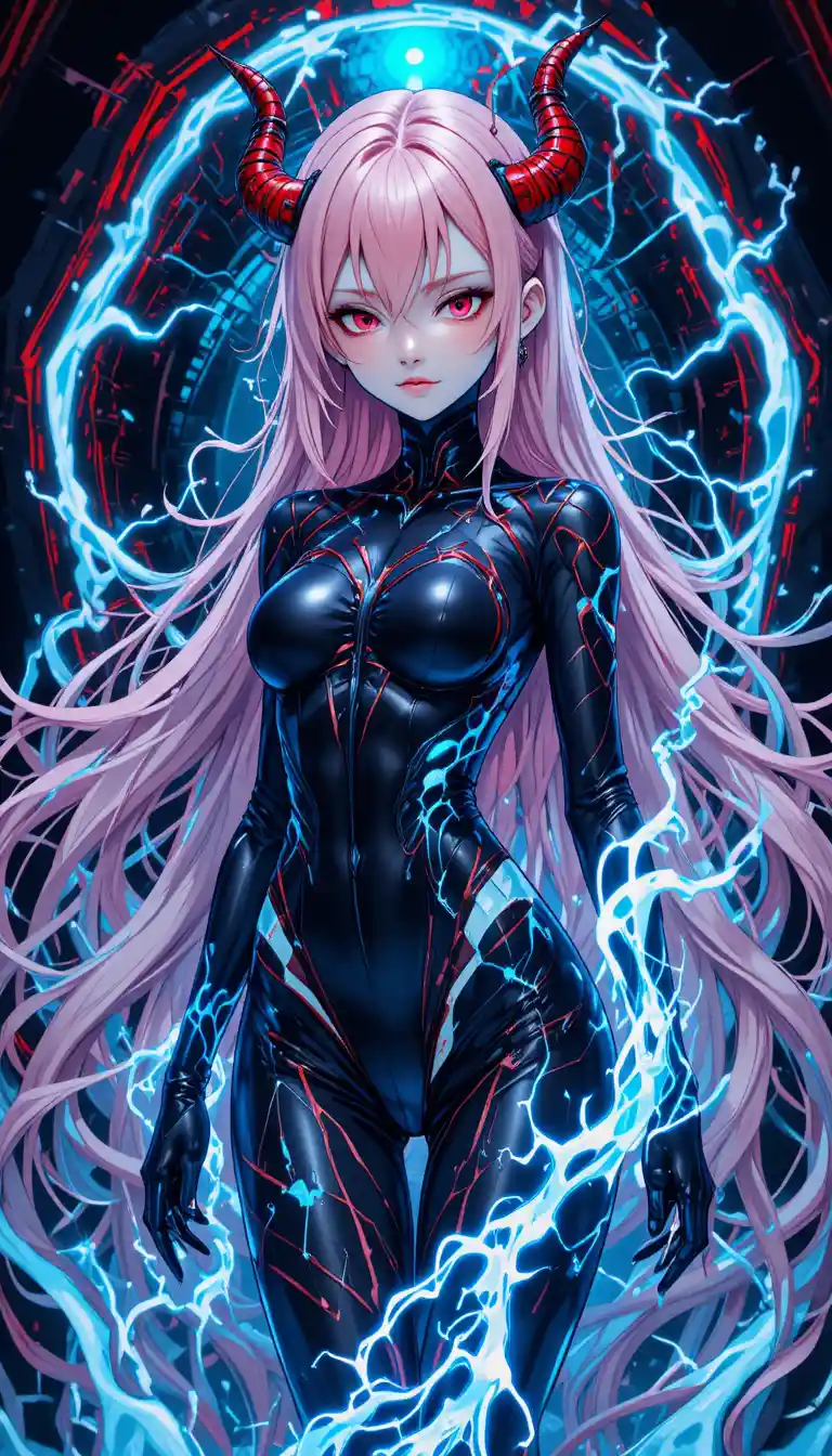 Anime horned girl with glowing energy in cyberpunk scene
