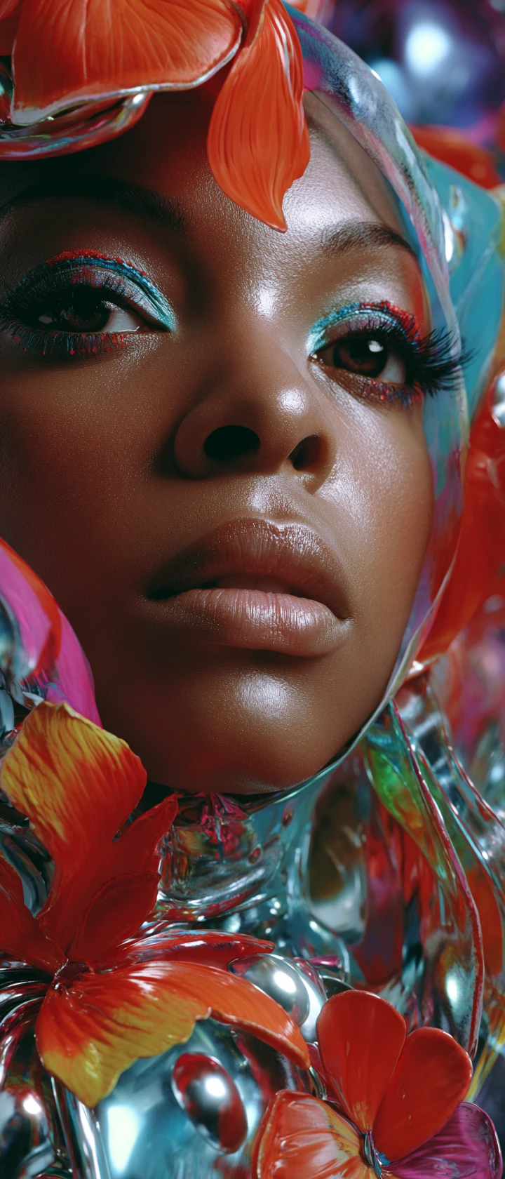 Black woman in floral kimono with sci fi fashion styling