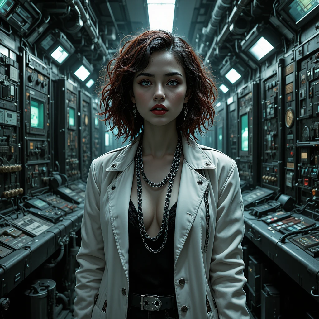 Femme fatale dans une salle de contrôle nucléaire rétro en plein chaos glitch