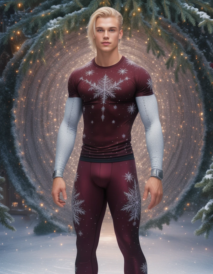 Blonder männlicher Skater in Strassleggings neben einem Weihnachtsbaum