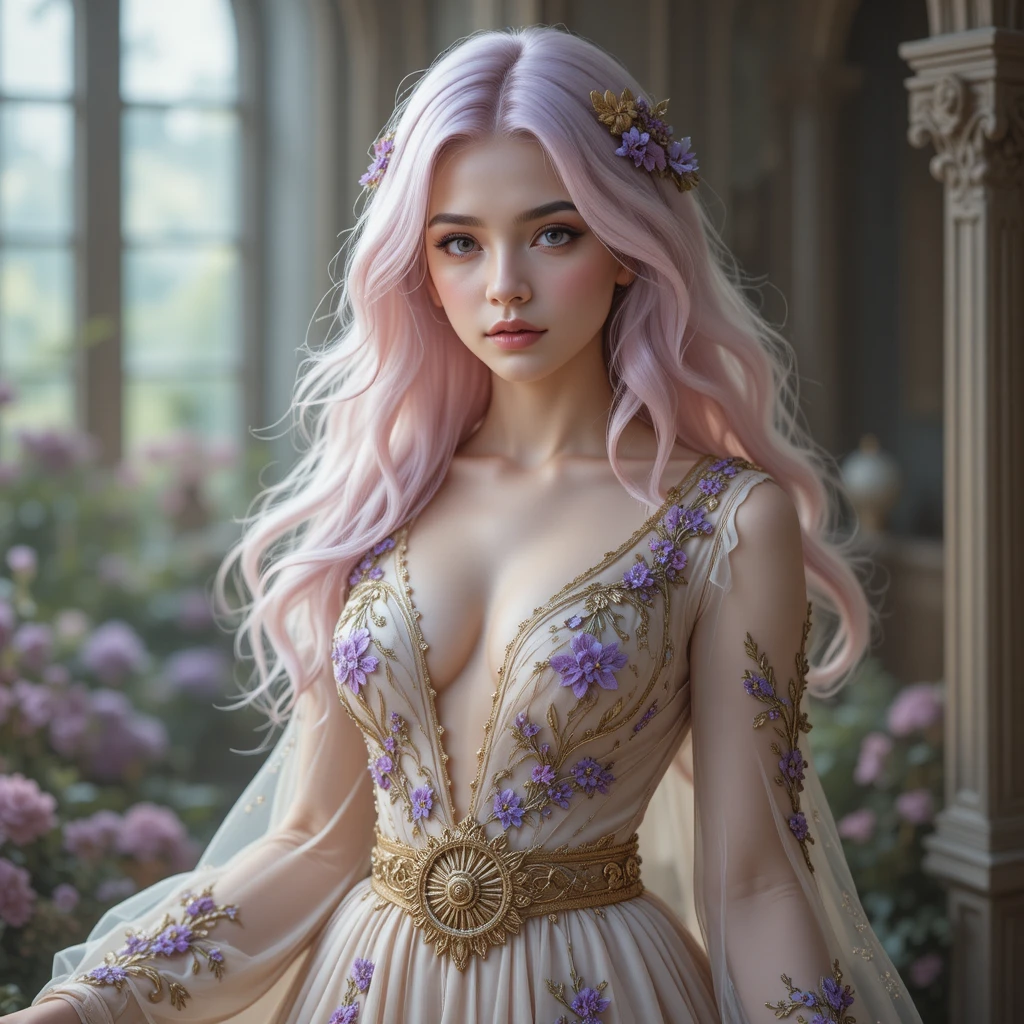 Elegante donna fantasy con abito floreale ricamato