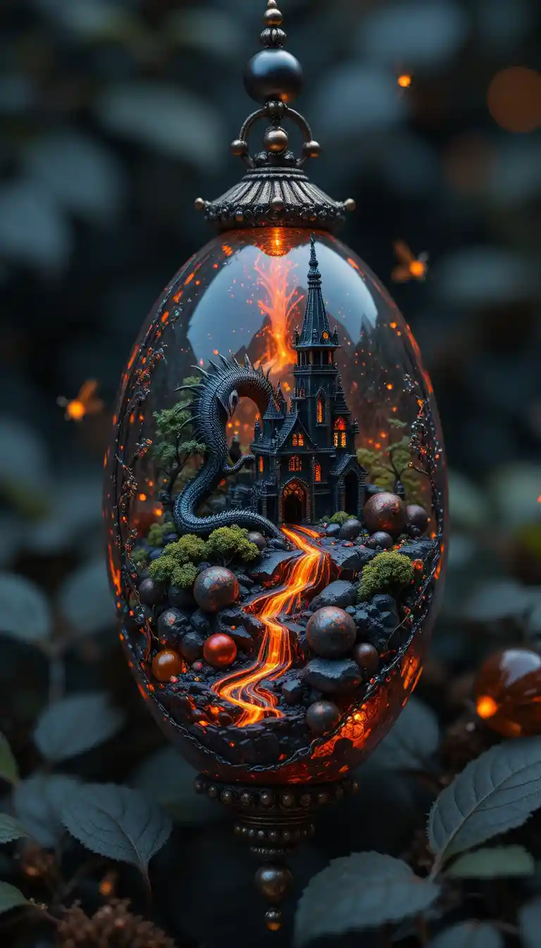 Macro jewelry beads holding tiny fiery fantasy landscapes