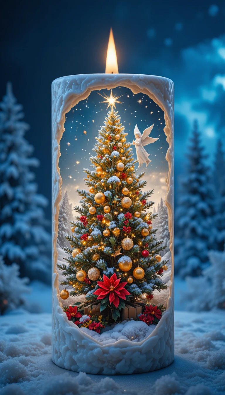 Doppelbelichtete Kerze mit magischer winterlicher Weihnachtsszene