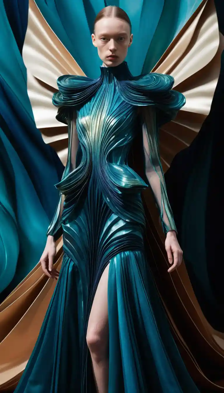 Surreal couture garments in a glowing dreamlike abstract scene