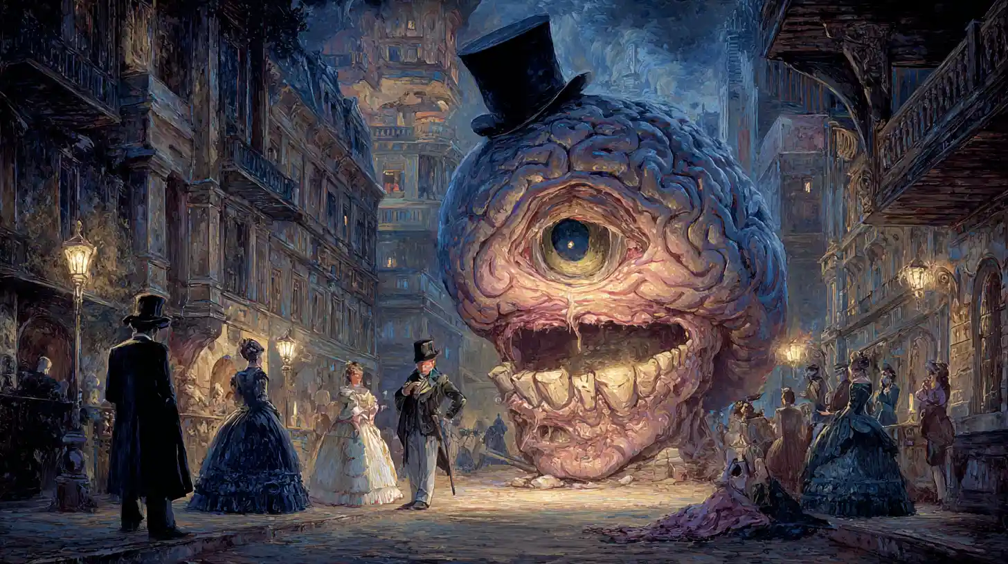 Cervello Ambulante Surreale che Si Toga il Cappello a Cilindro nella Londra Oscura