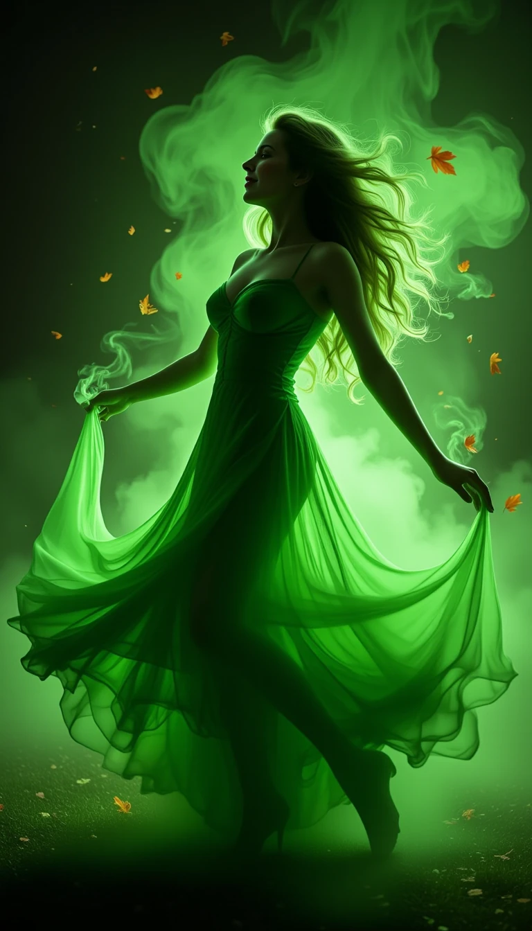 Femme de fumée verte dansante avec feuilles d’automne tourbillonnantes