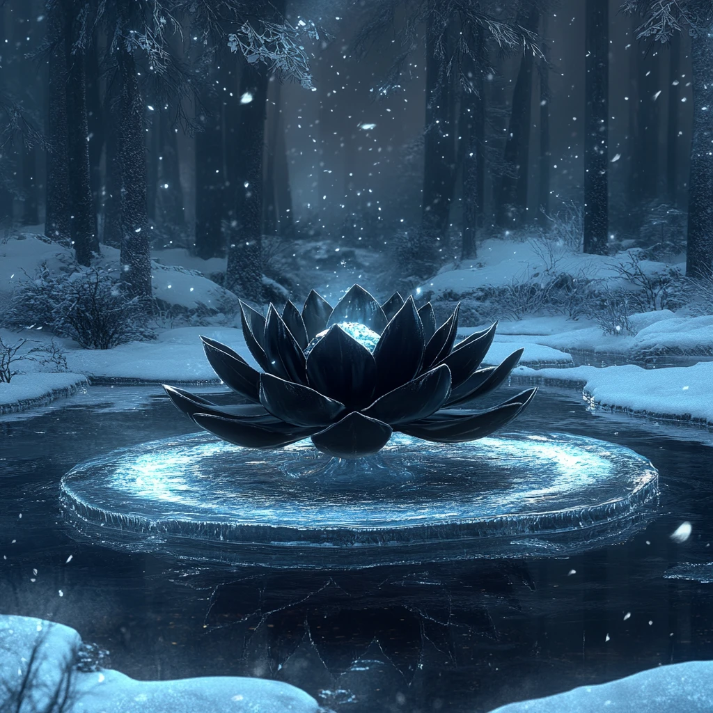Lótus negro em lago congelado em floresta de inverno encantada