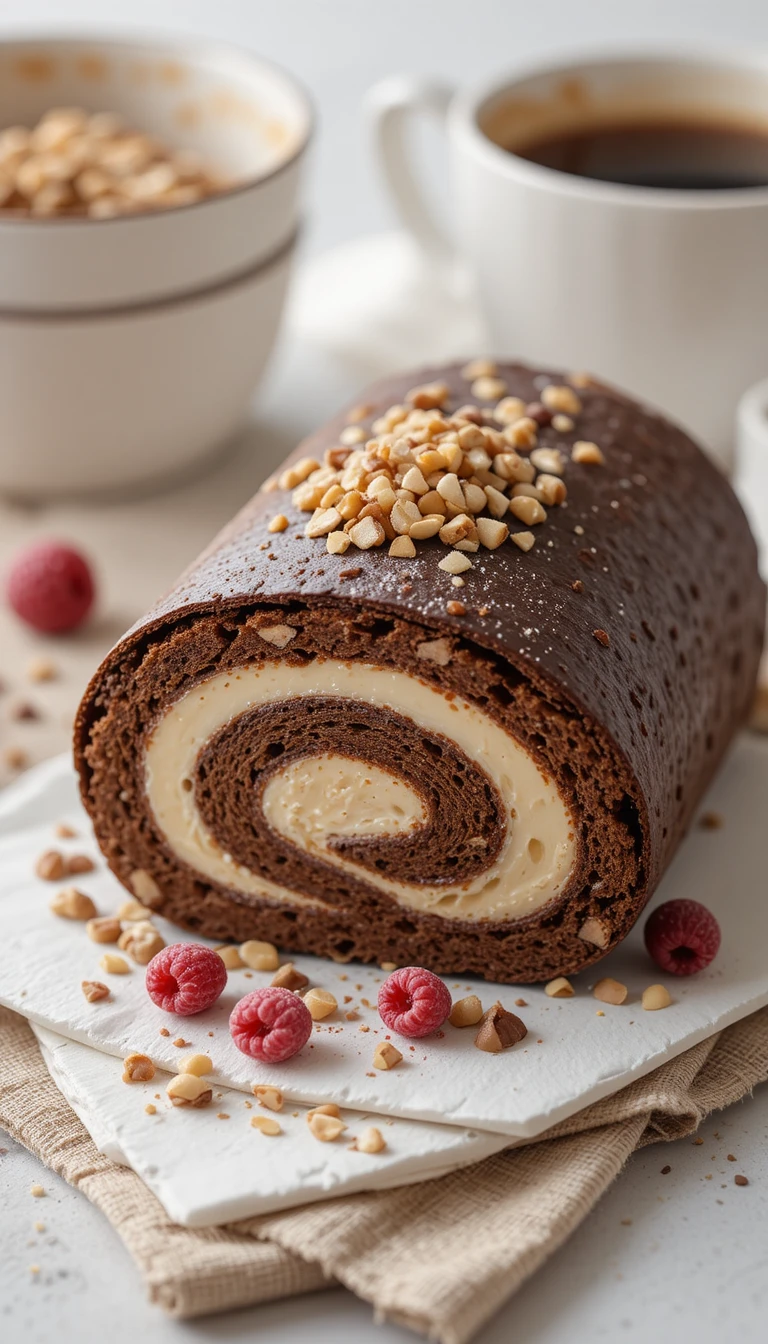 Sobremesa de rocambole de cream cheese e chocolate com café