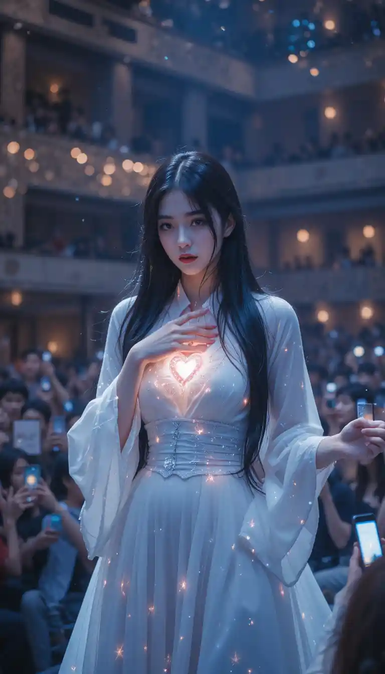 Woman singer in white dress glowing with heartfelt emotion