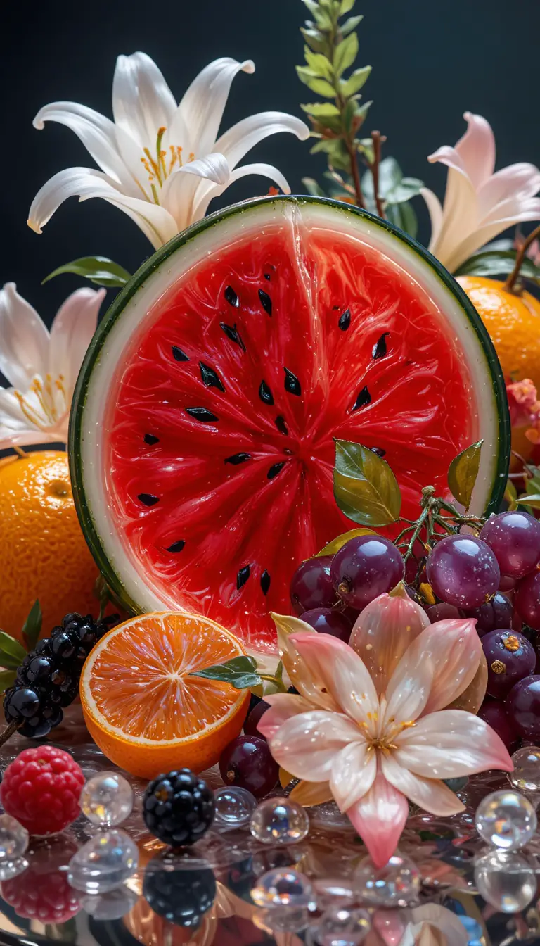 Luxuriöses Stillleben mit Glasfrüchten und Kristall-Wassermelone