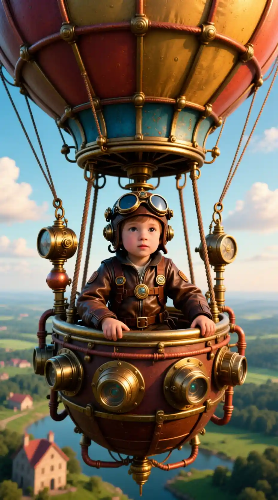 Dirigeable ballon steampunk flottant au-dessus d’un paysage pittoresque