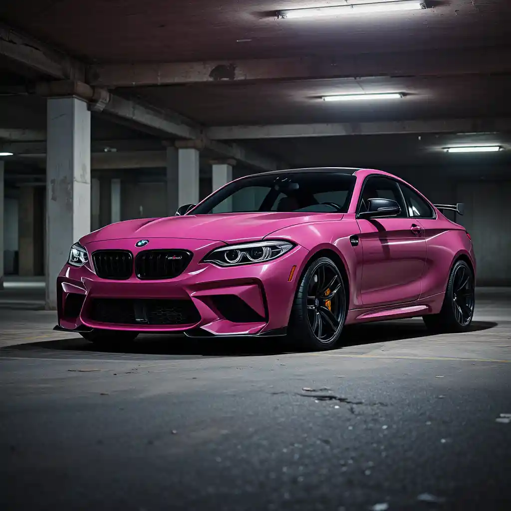 Dark pink sports car parked in an underground garage