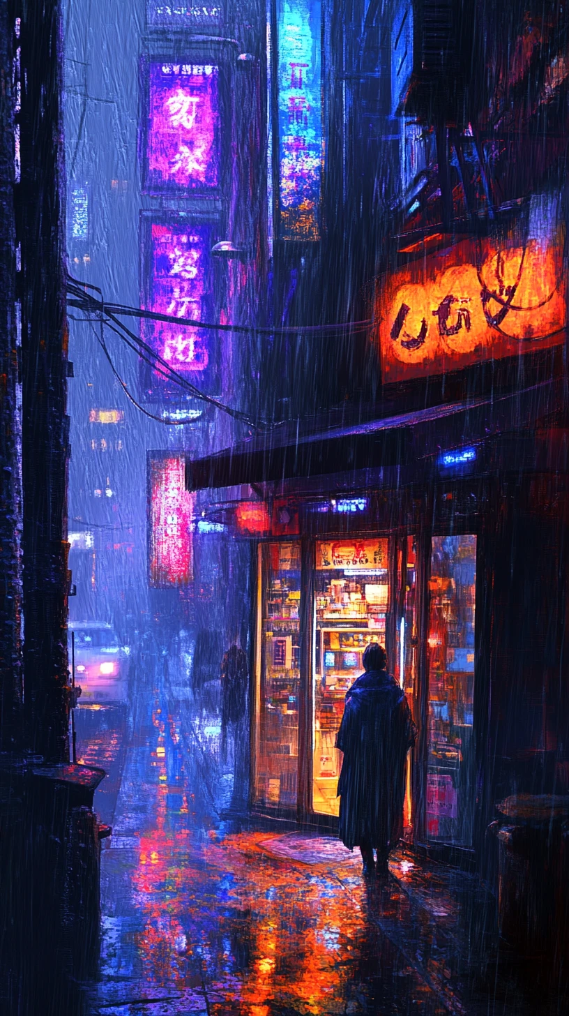 Lone figure in a neon cyberpunk doorway above rainy streets