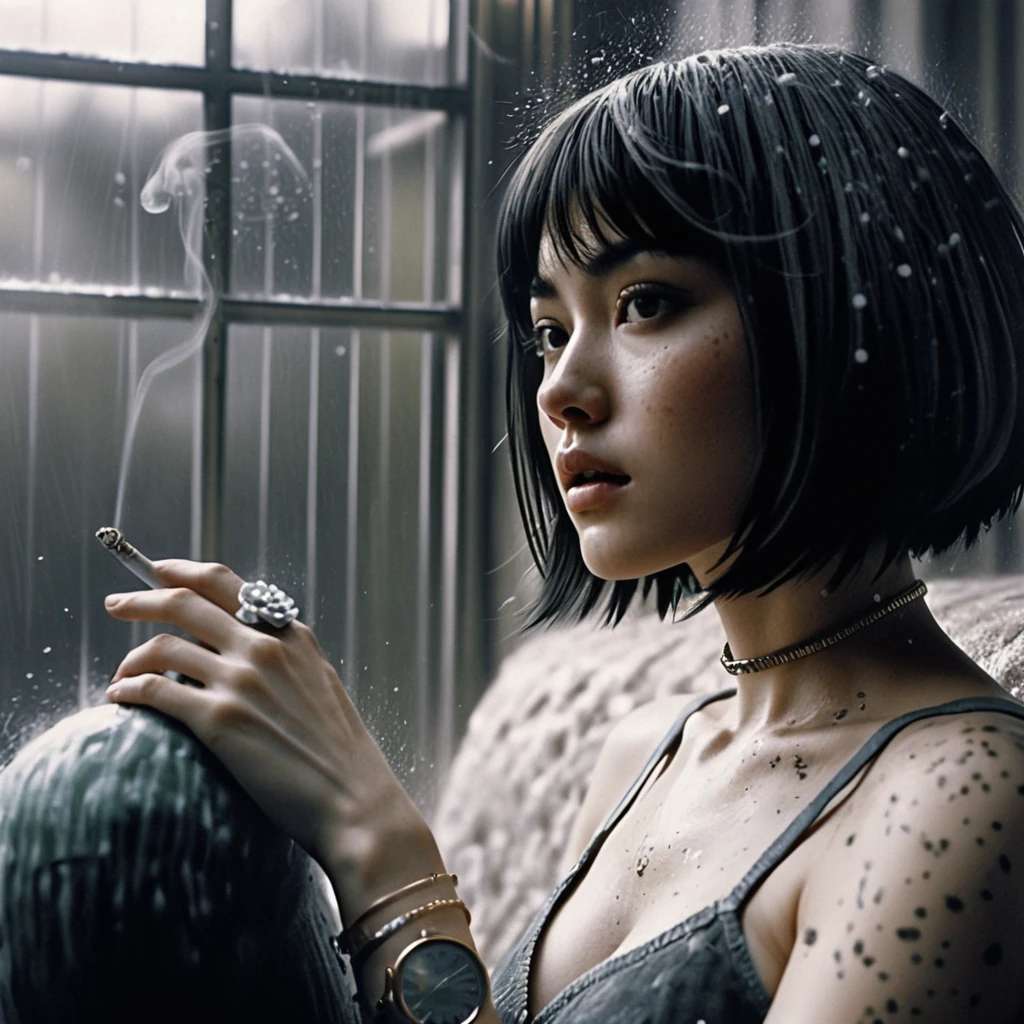 Asiatische Frau raucht am verregneten Fenster im Neo-Noir-Stil