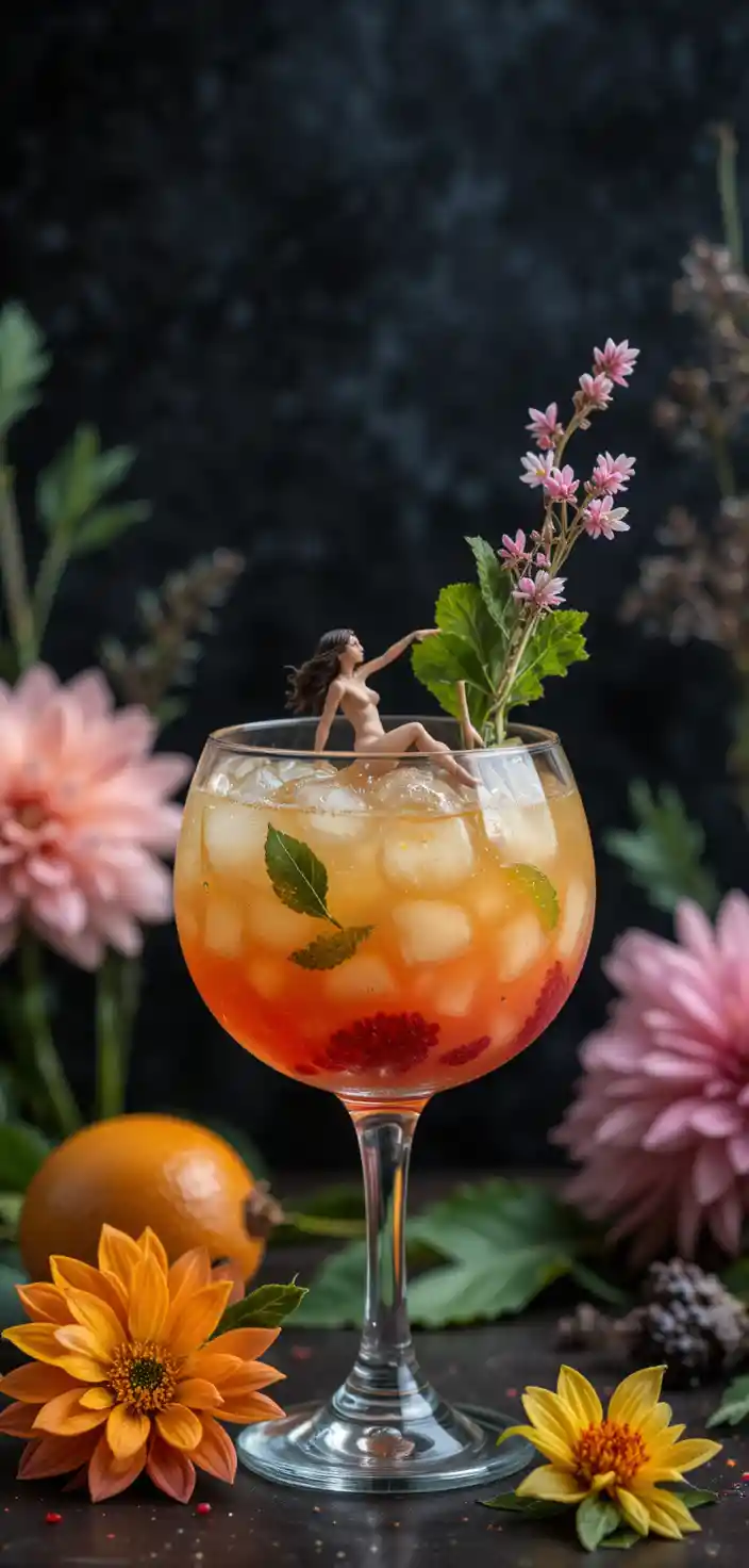 Surreal exotic fruit cocktail with tiny swimming woman