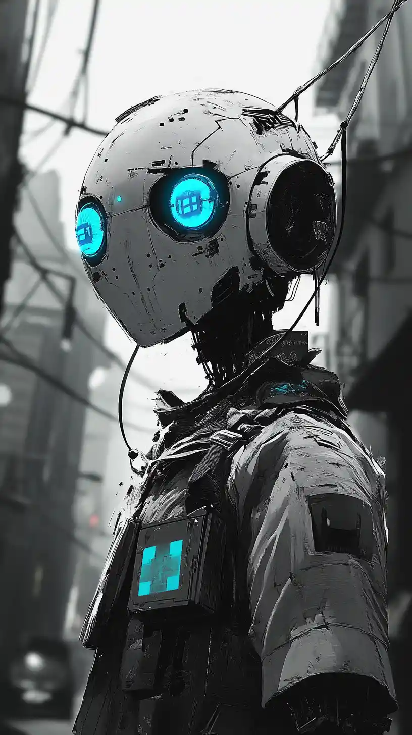 Robot humanoide futurista que se alza sobre una calle oscura de la ciudad