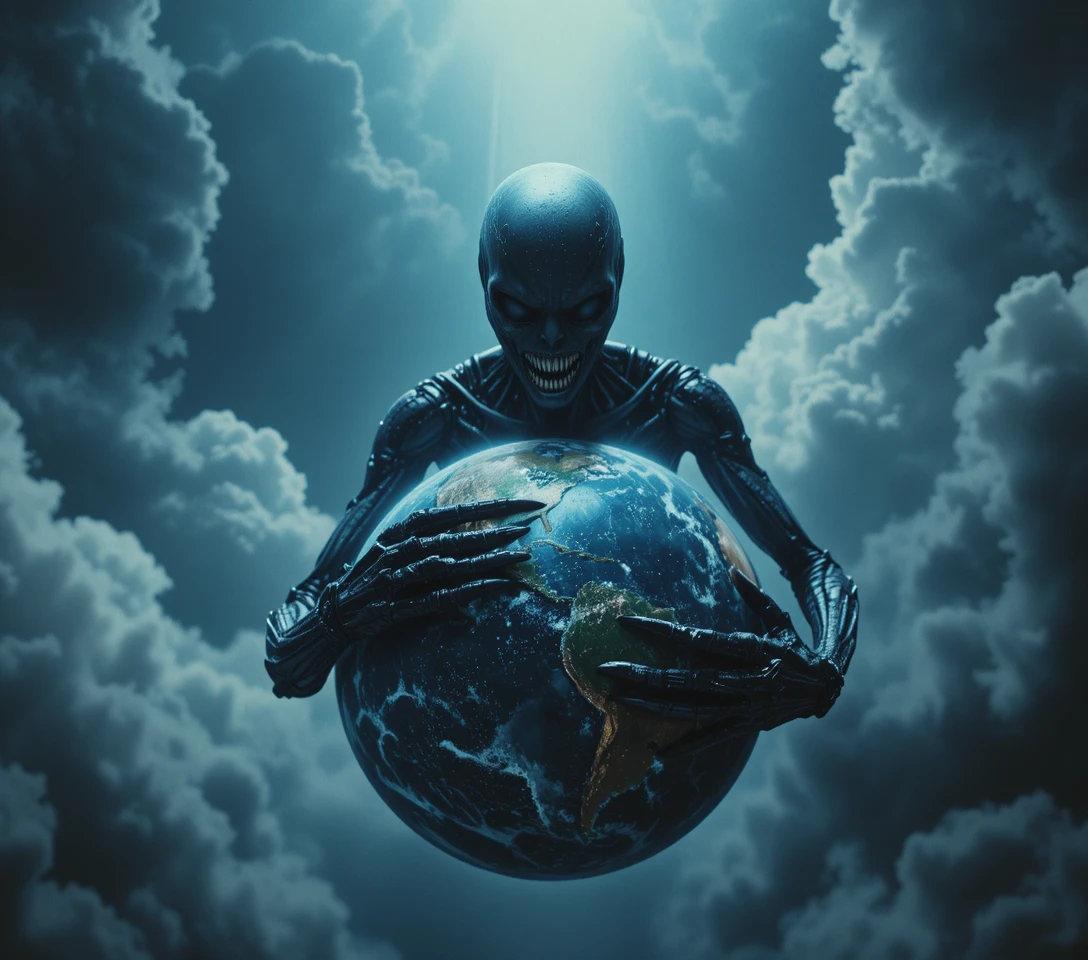 Alien biomecânico abraçando o planeta Terra no espaço tempestuoso