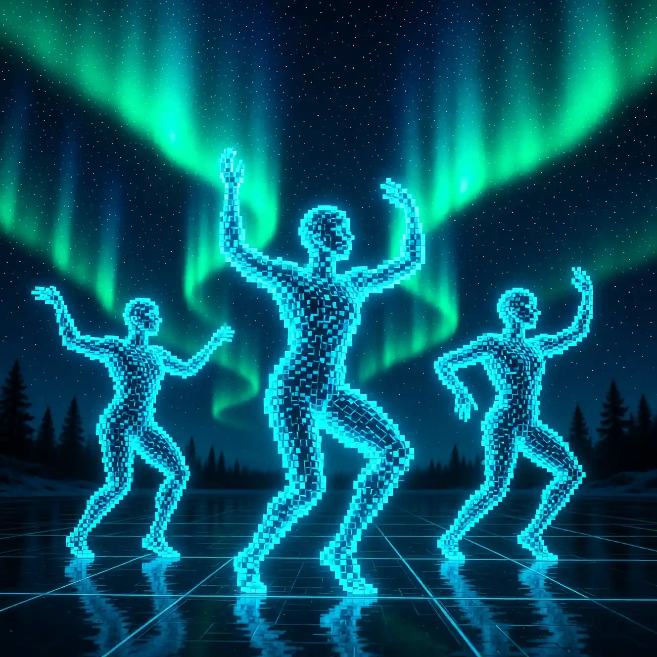 Aurora like digital waves in blue and green abstraction