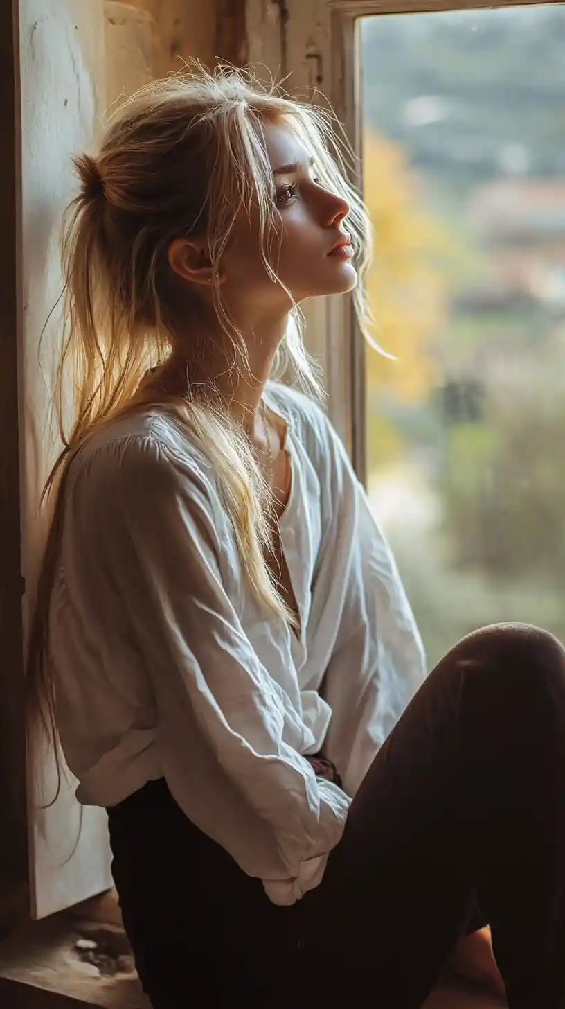 Elegant young woman in profile by a sunny window