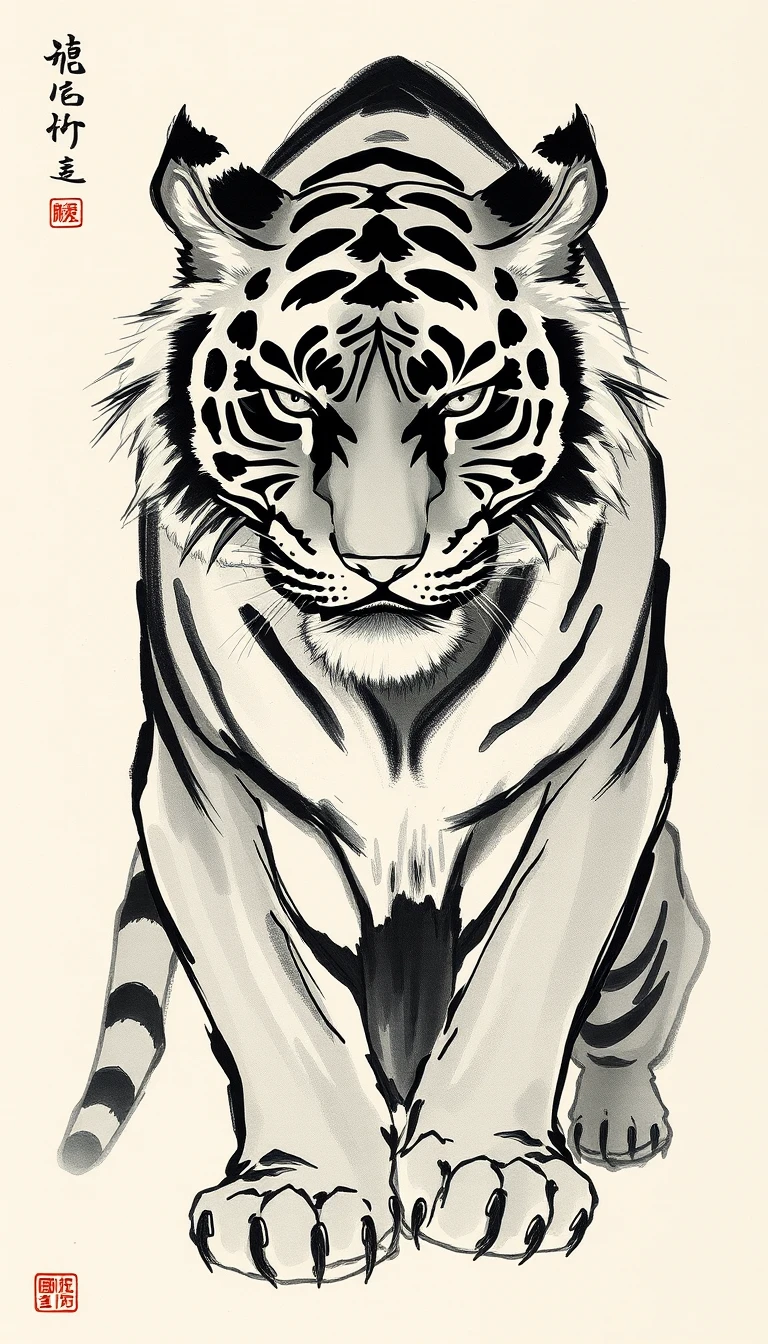 Peinture japonaise à l’encre d’un esprit de tigre serein et majestueux