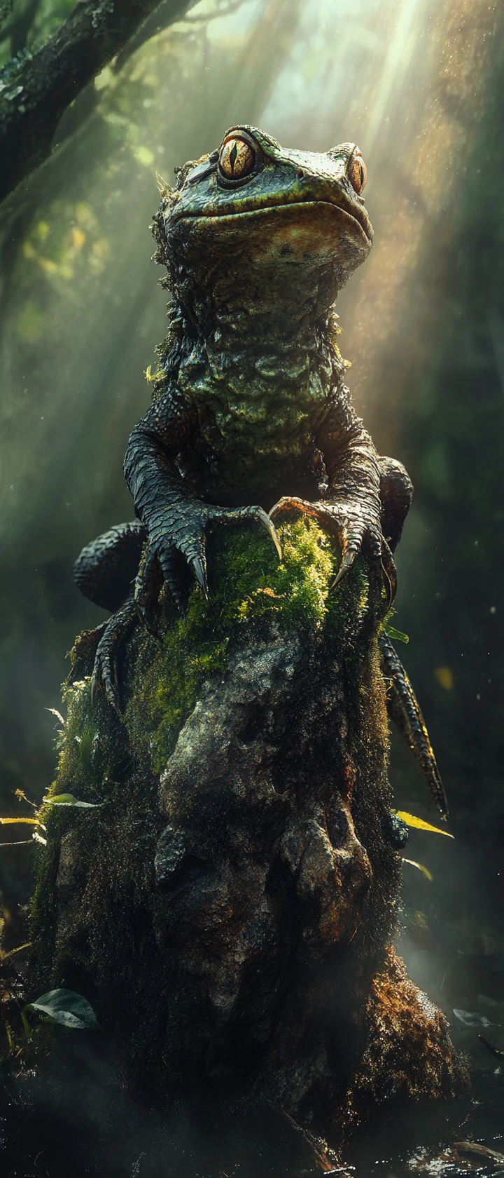 Porträt eines uralten Salamanders in einem nebligen, verzauberten Sumpf