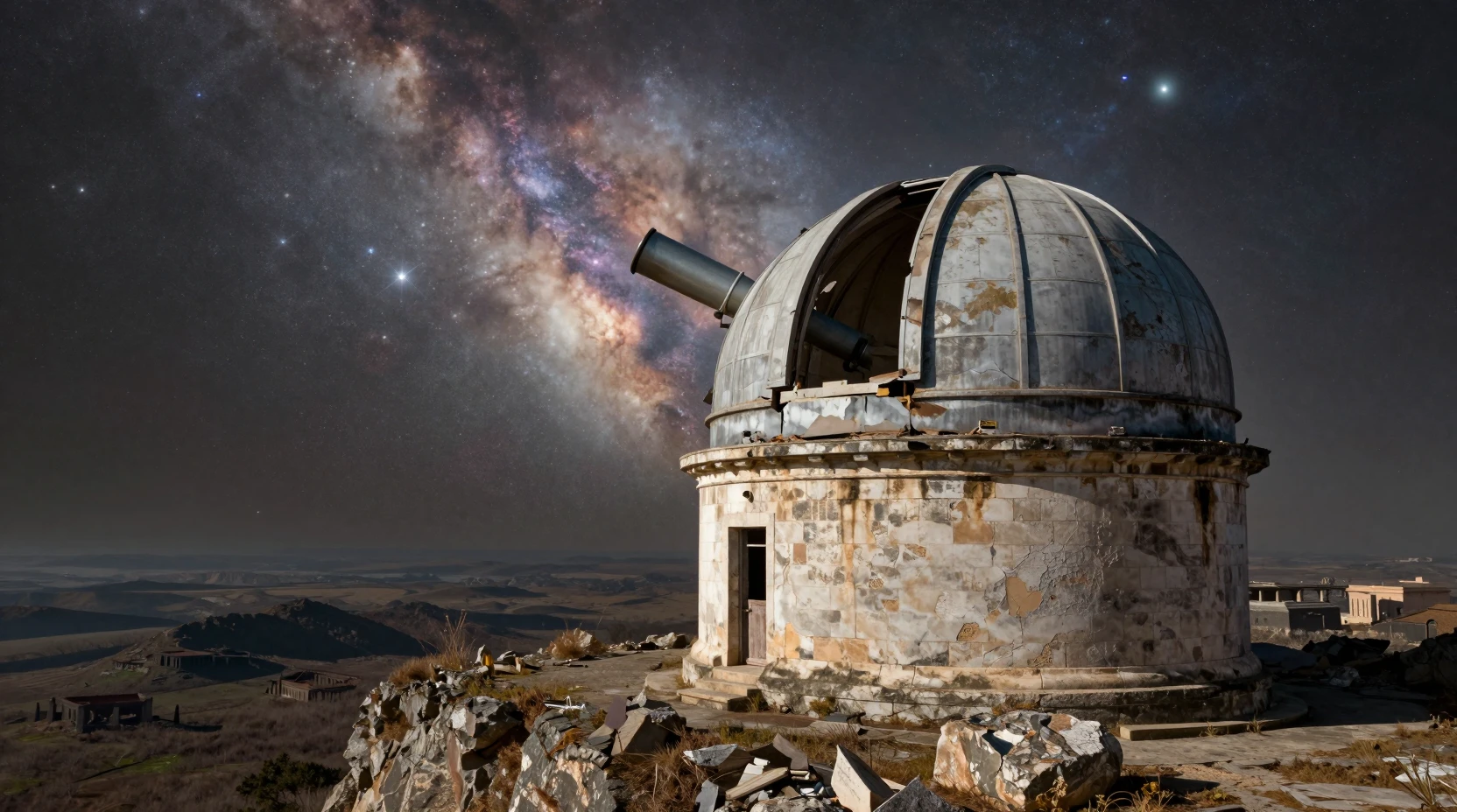Verlassenes Klippenobservatorium unter einem kosmischen Nebelhimmel