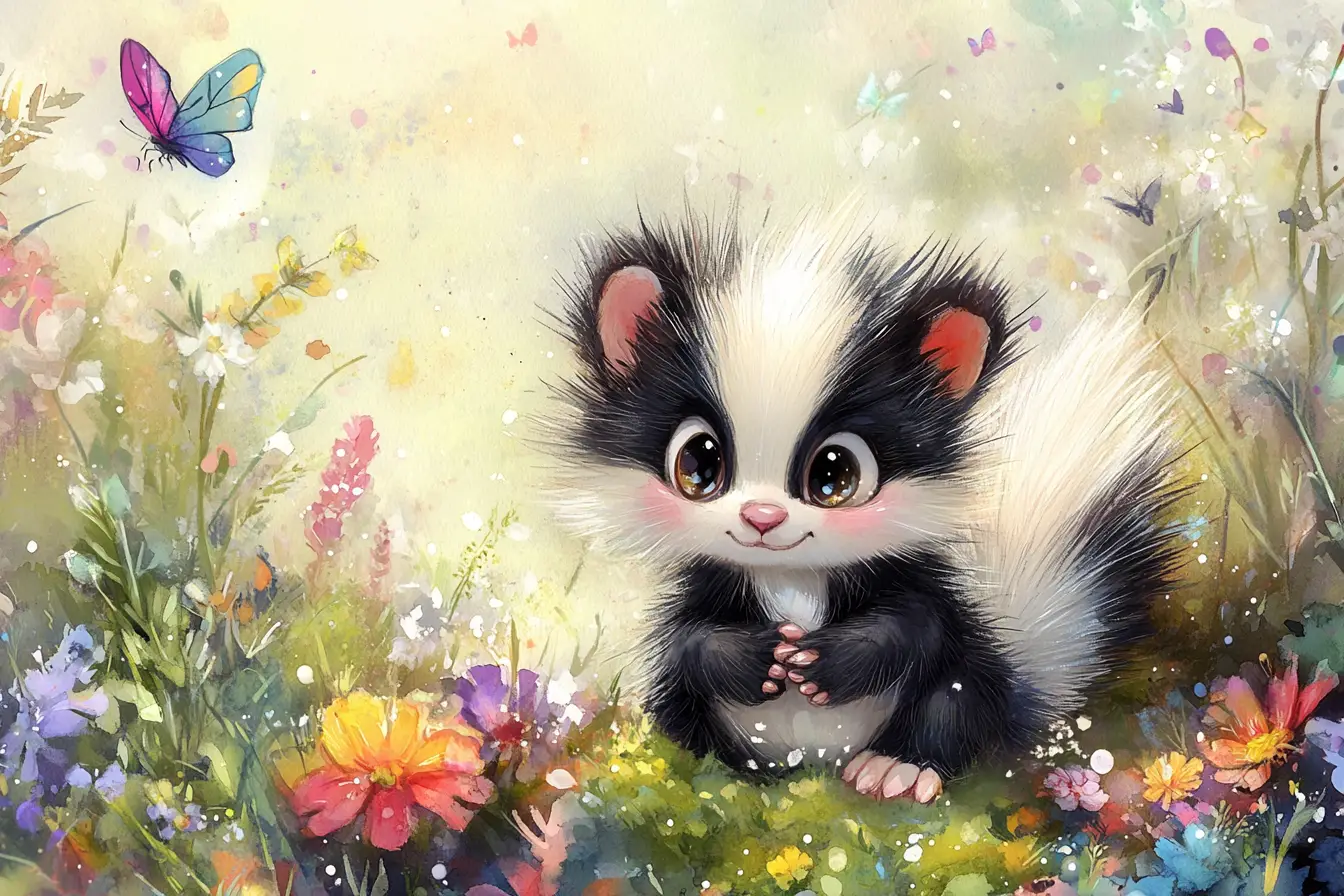 Verspieltes Aquarell eines Baby-Stinktiers in sonniger Blumenwiese