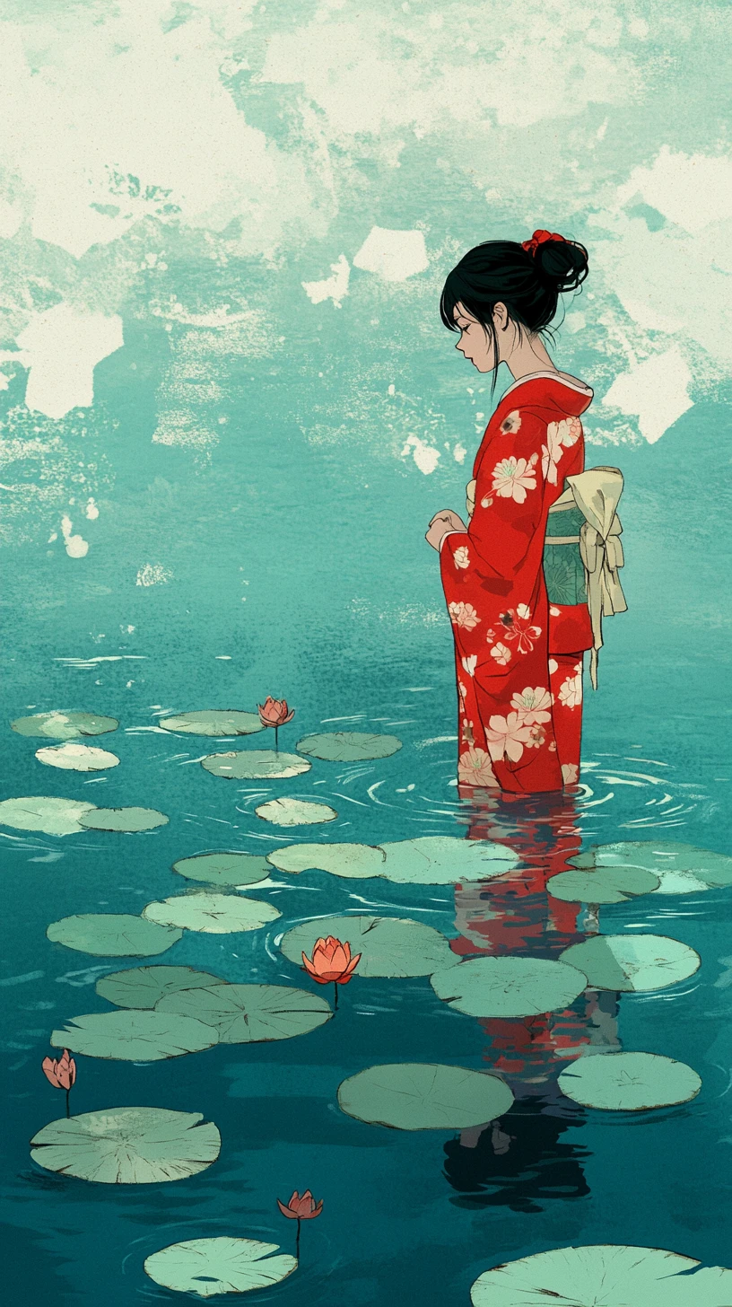 Woman in red floral kimono standing in tranquil turquoise water