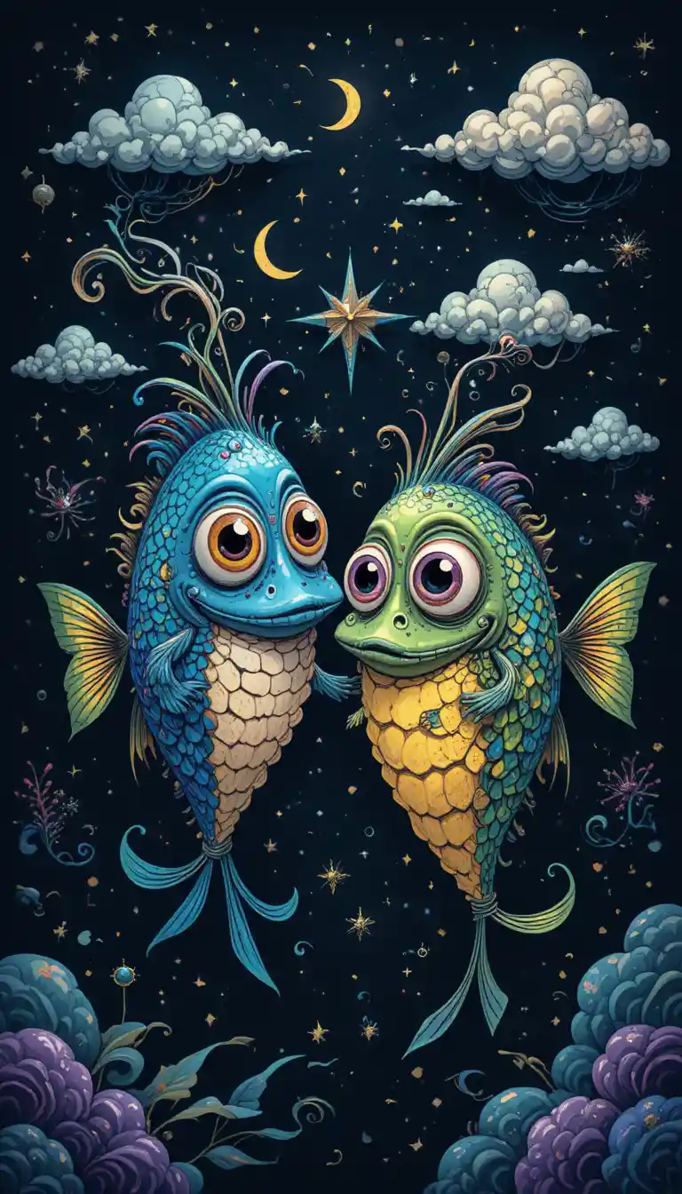 Poissons de dessin animé colorés flottant dans un vide étoilé de rêve