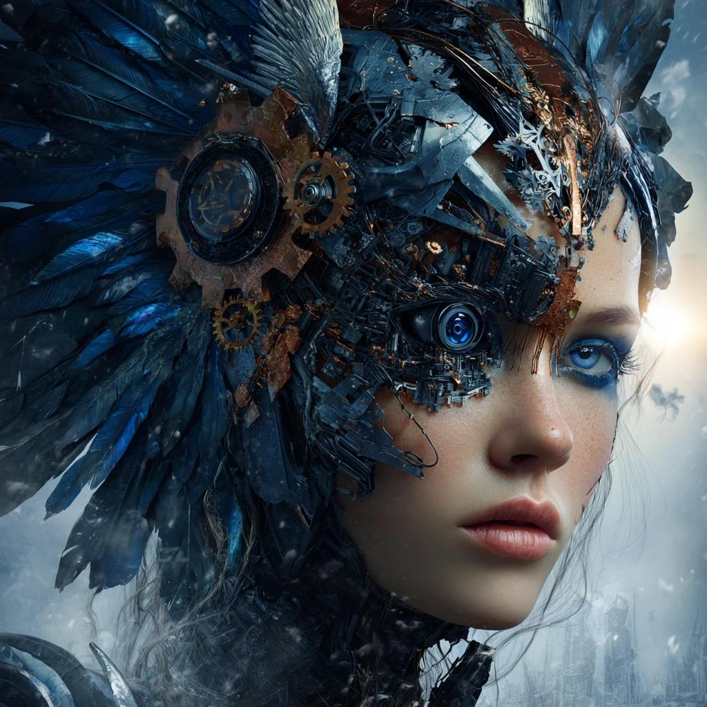 Melancholic female cyborg angel in snowy futuristic city