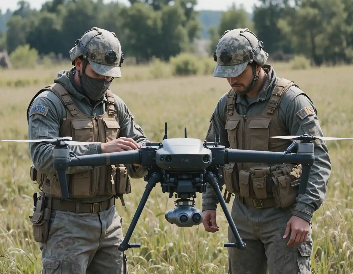 Des soldats préparent un grand drone dans un champ herbeux