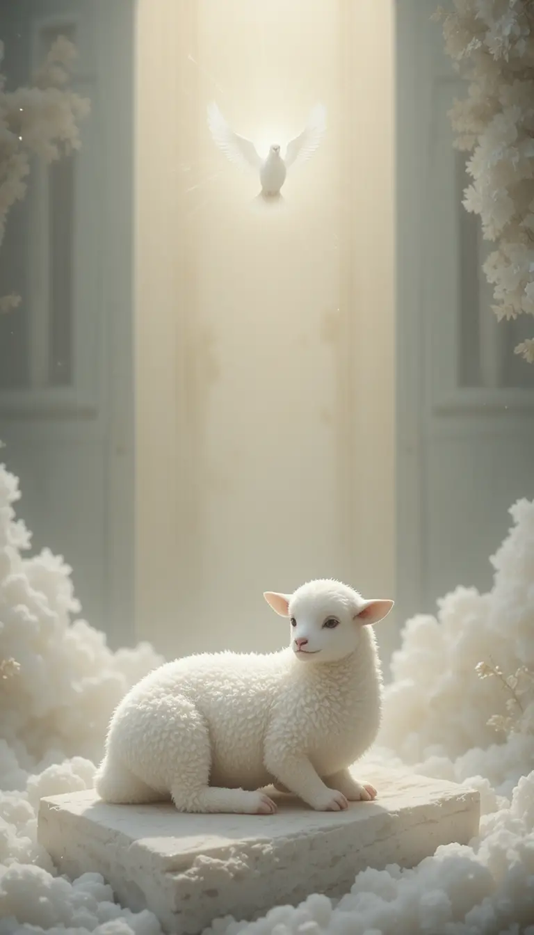White lamb in soft heavenly light with distant dove