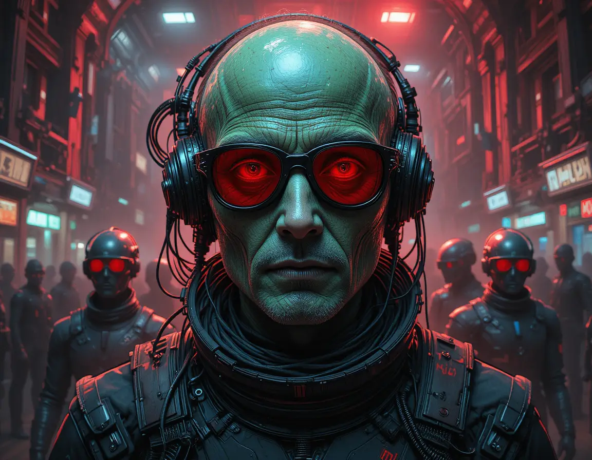 Gealterter humanoider Alien in rot beleuchtetem futuristischem Close‑up