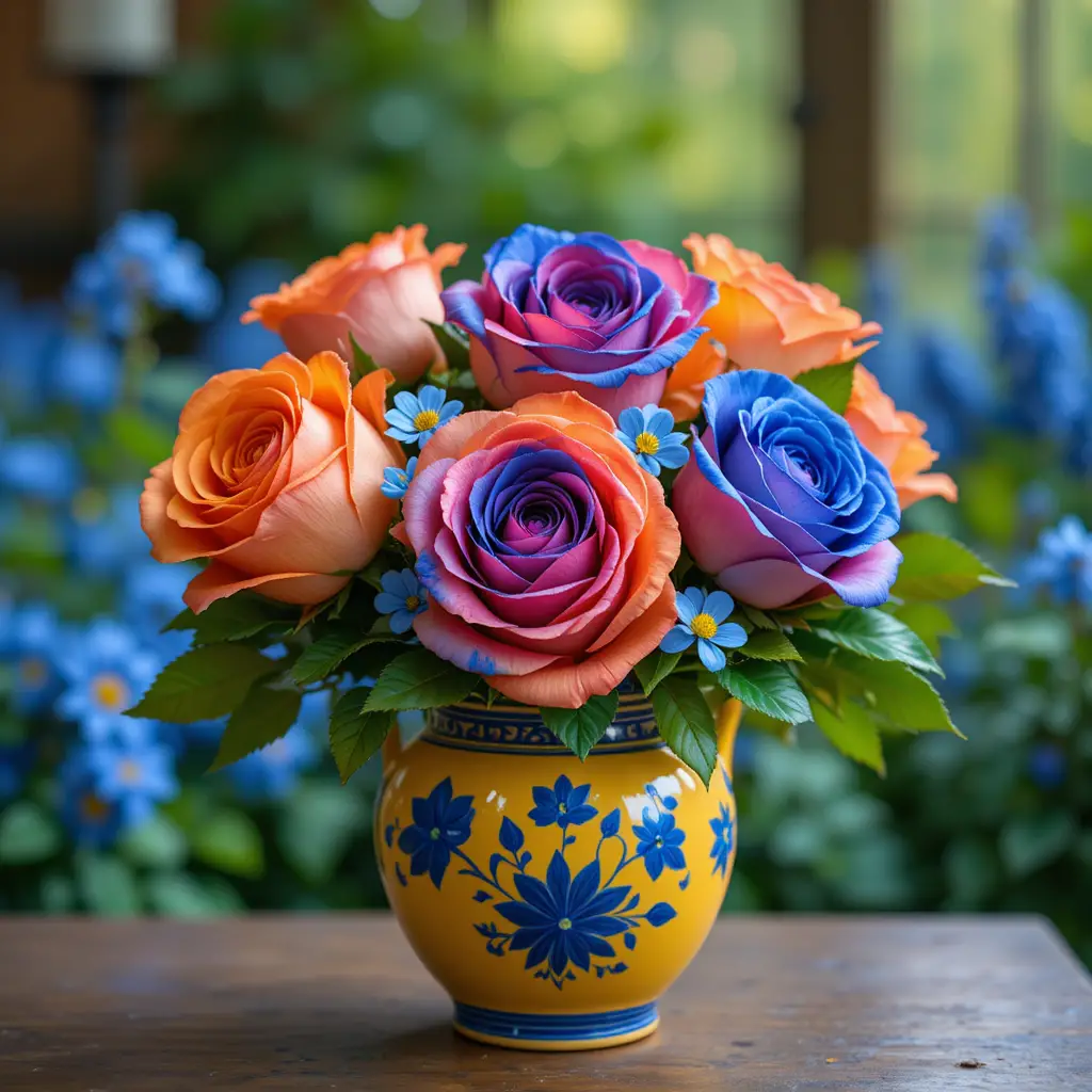 Colorful roses in a yellow ceramic vase on wood