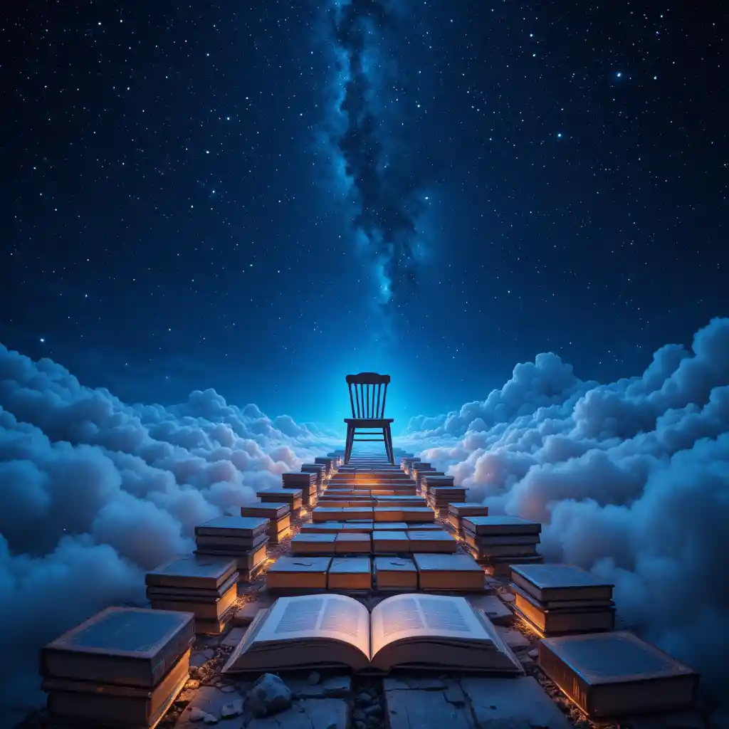 Surreal Floating Chair Above A Path Of Glowing Books