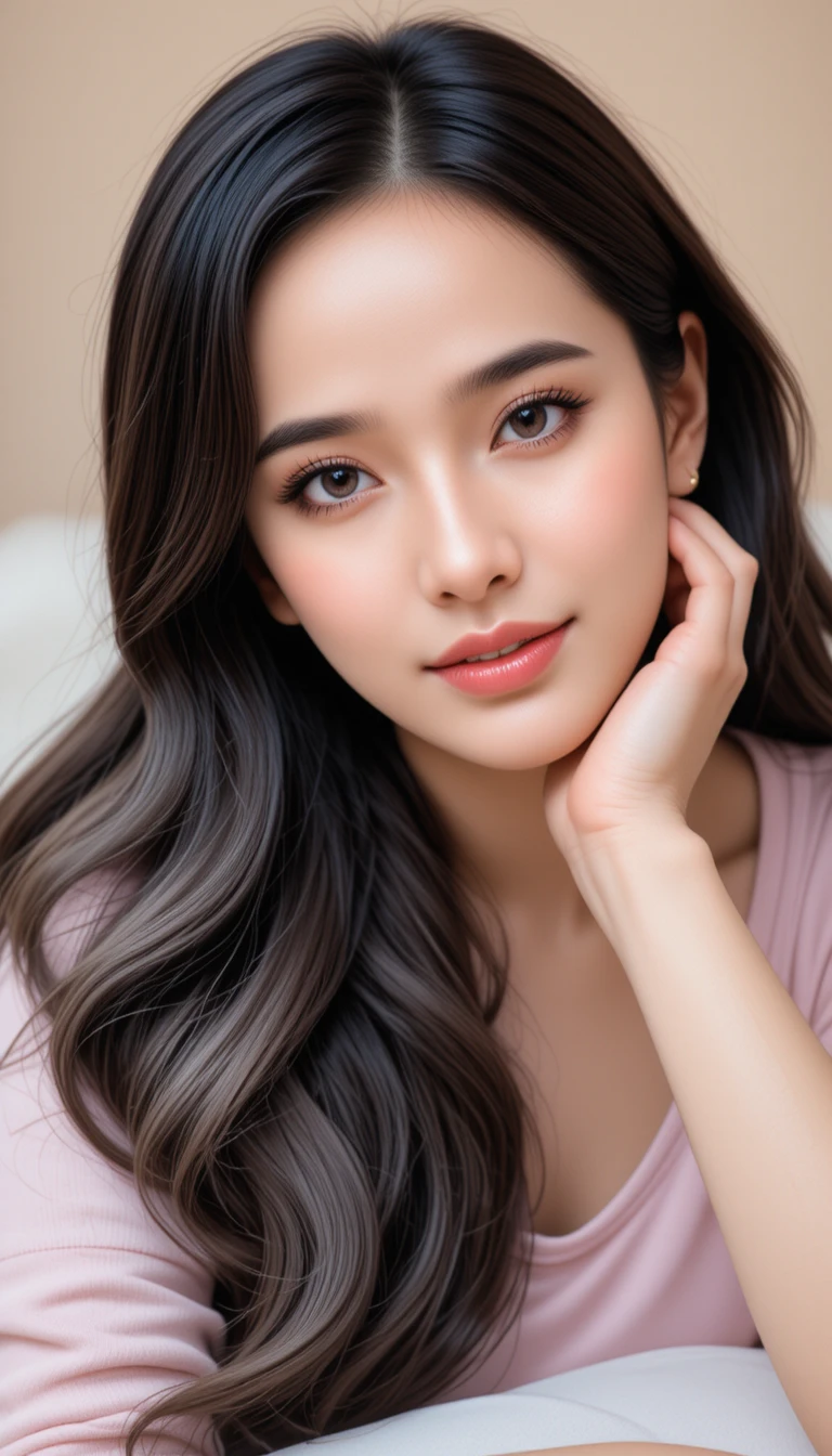 Smiling young woman lying on her side in warm light