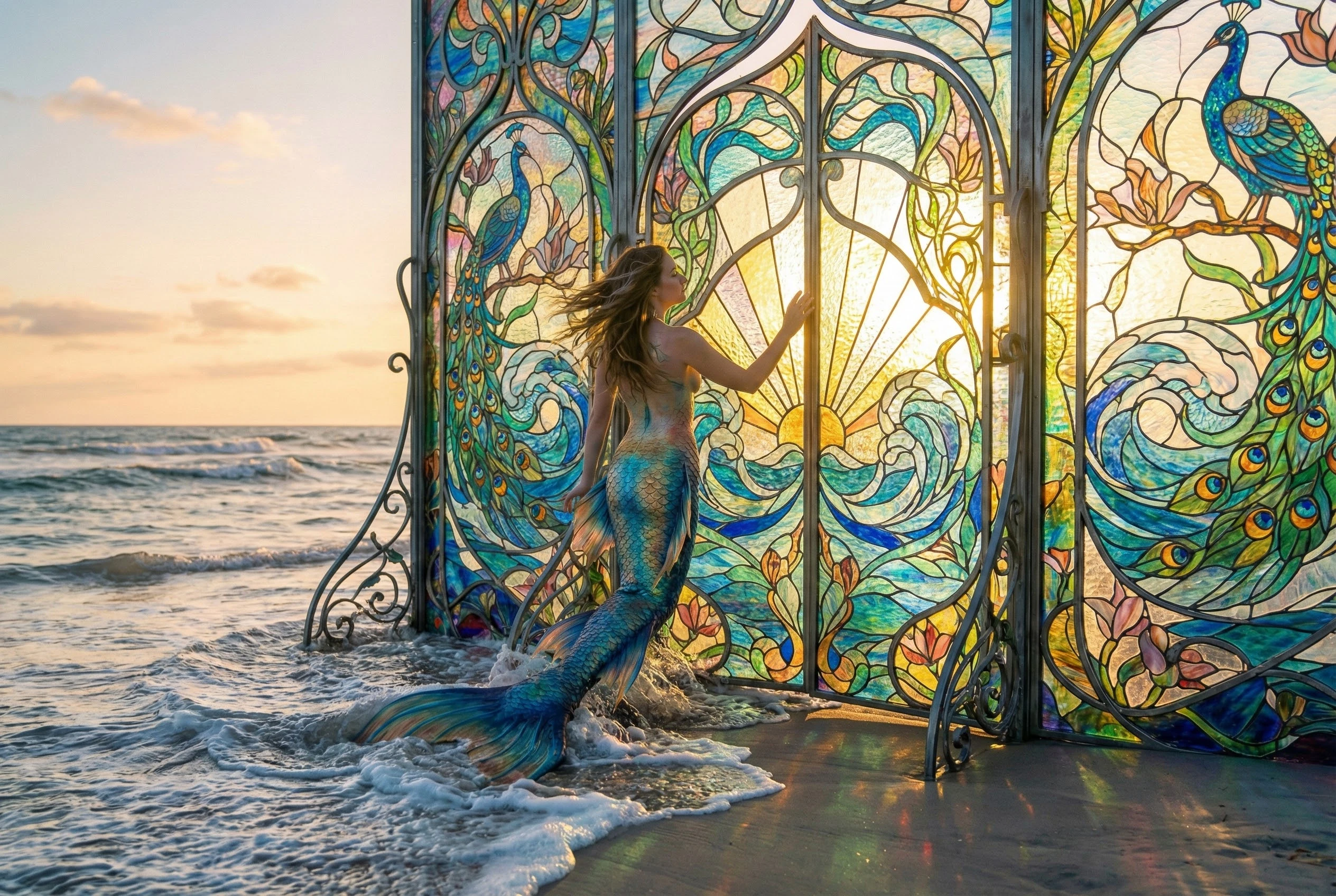 Sirena mistica che emerge su una spiaggia davanti a un palazzo di vetro
