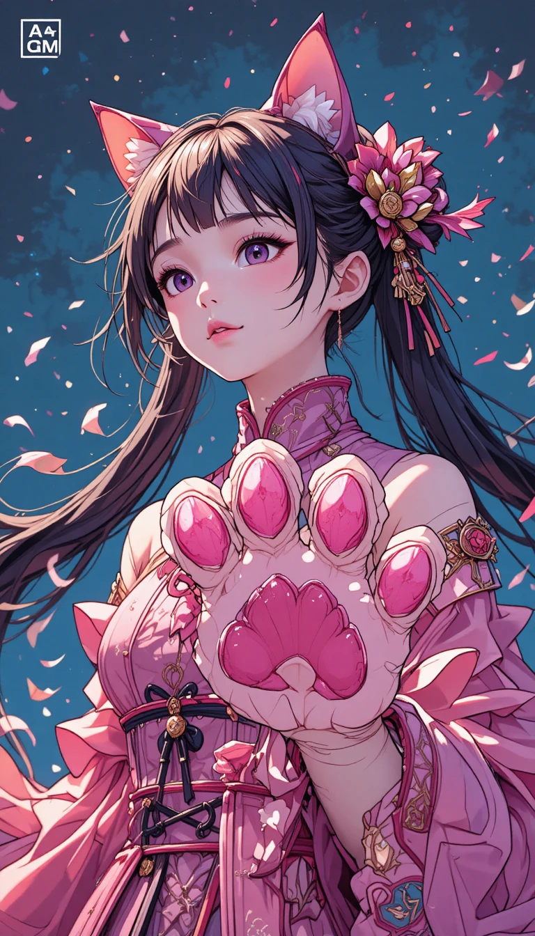 Garota-gato de anime com enormes patas-arma geométricas cor-de-rosa