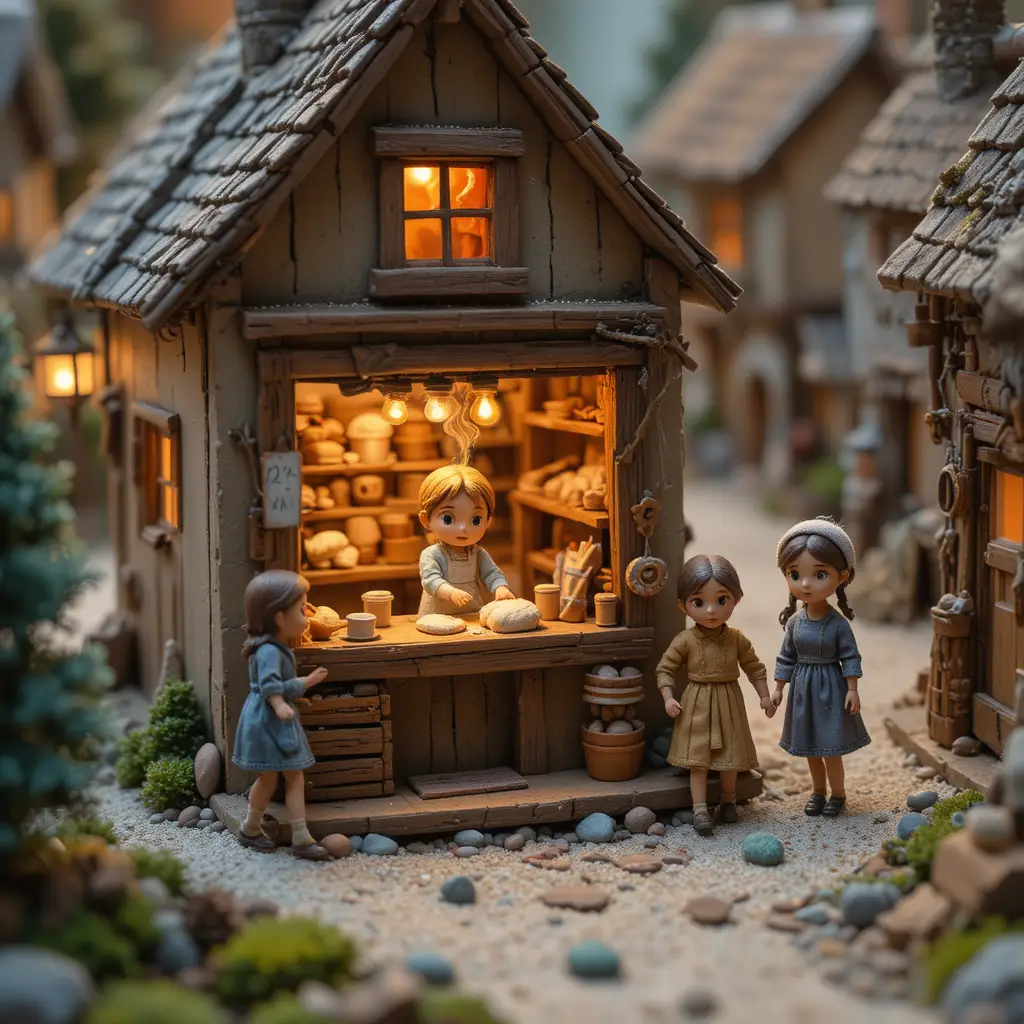 Cozy miniature village bakery with glowing window scene