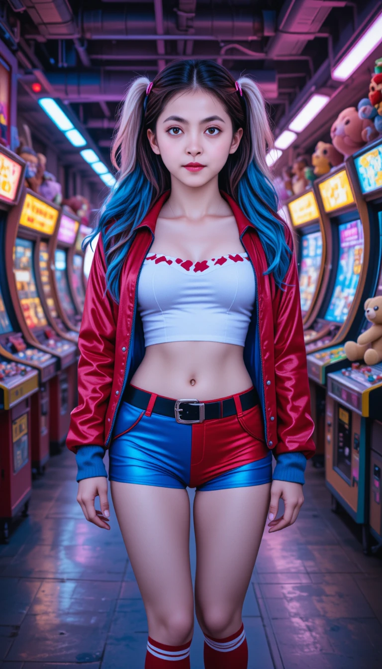 Femme inspirée de Harley Quinn dans une arcade colorée