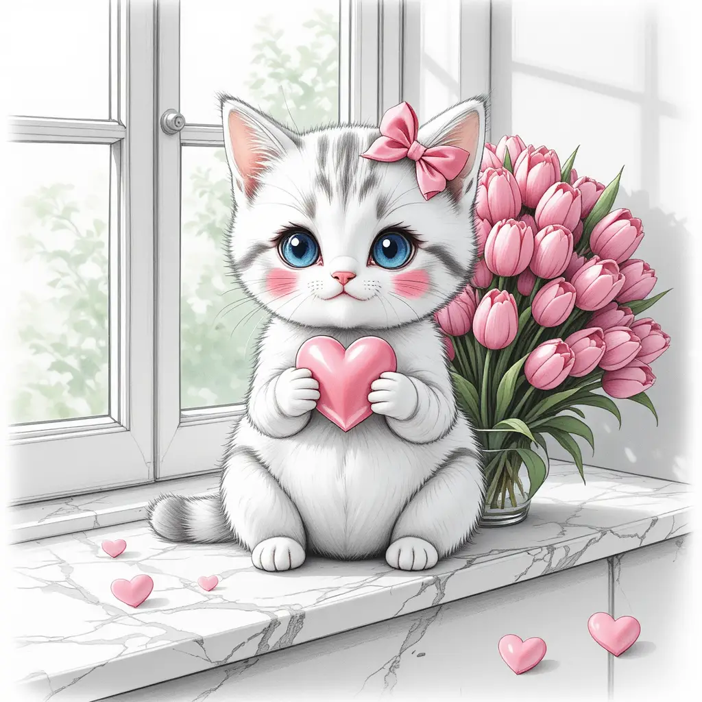Cute kitten with pink tulips on a bright window sill