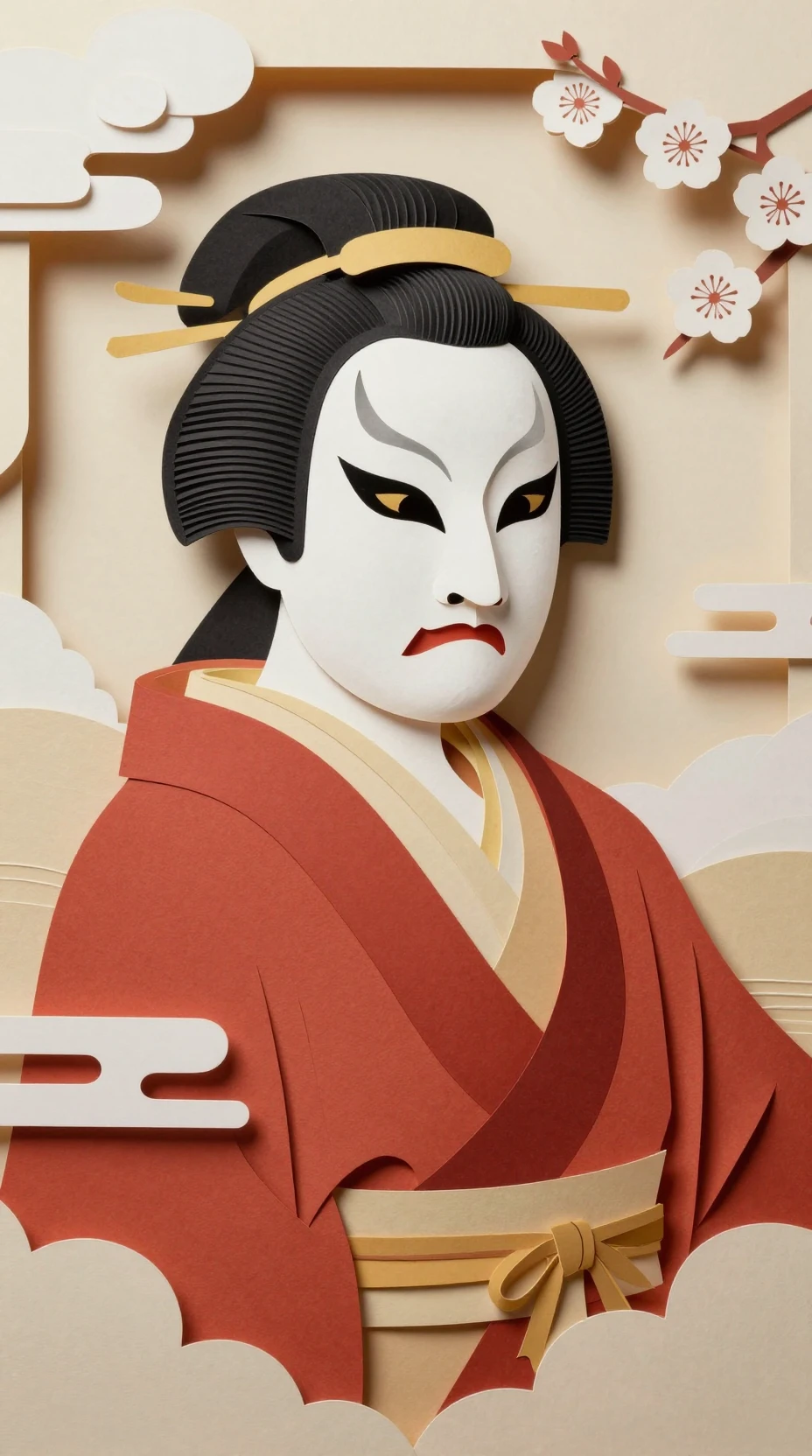 Kabuki-Darsteller in geschichteter Papierkunst vor festlichem Hintergrund