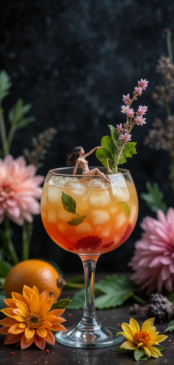 Cóctel surrealista de frutas exóticas con diminuta mujer nadando