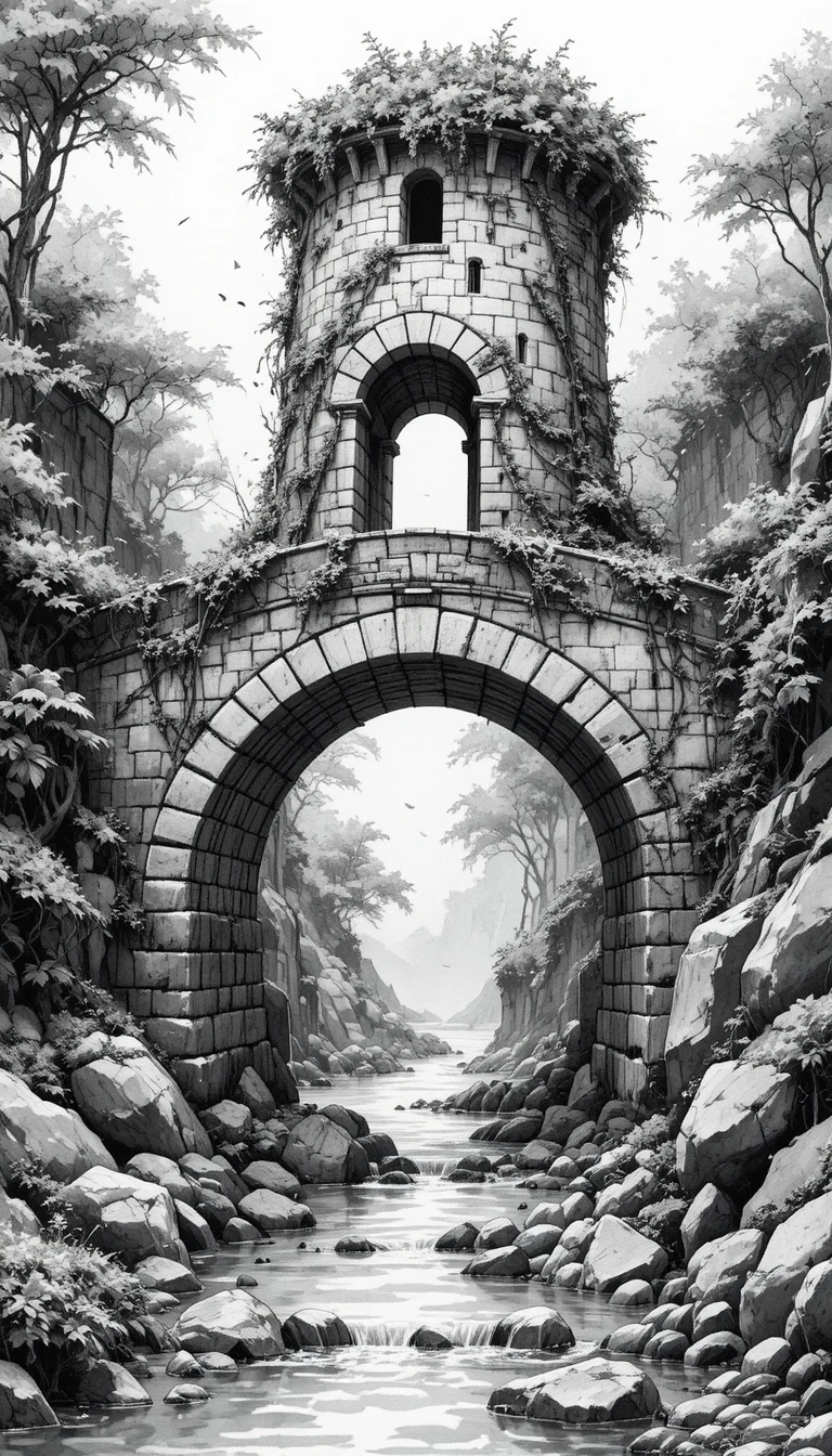 Antiga ponte de pedra com torre coberta de hera sobre rio calmo